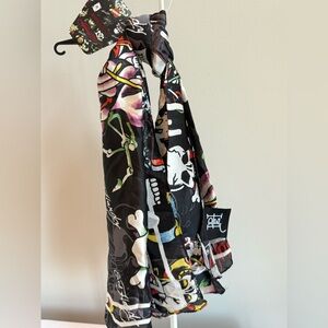 Ed Hardy Black Multi-Color Graphic Silk Scarf